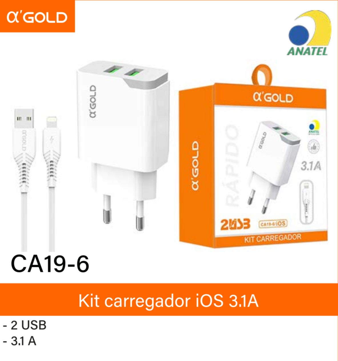 KIT CARREGADOR USB/IOS CA 19-6/ OL GOLD BR