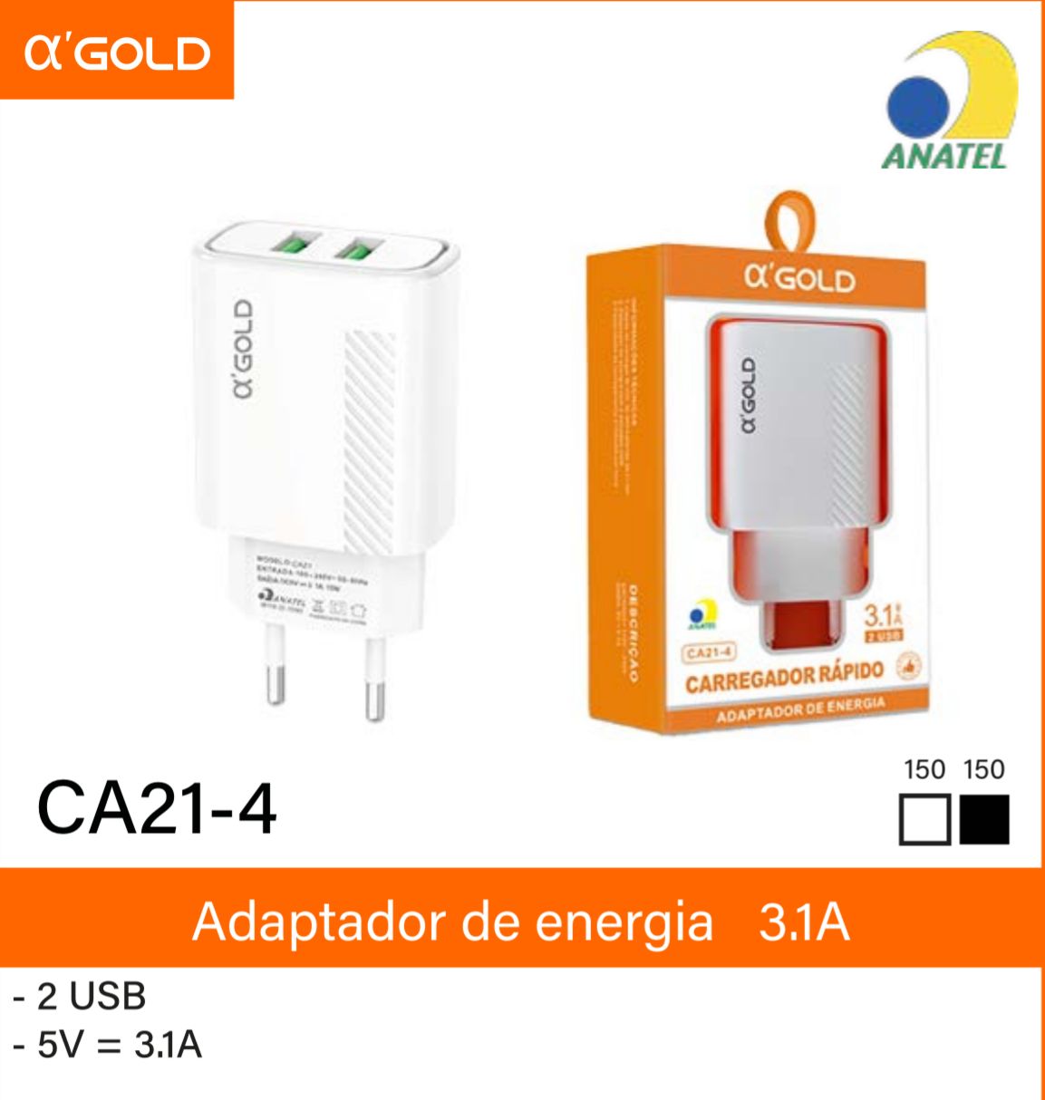 FONTE  DUAS ENTRADA USB GOLD  3.1A CA21-4