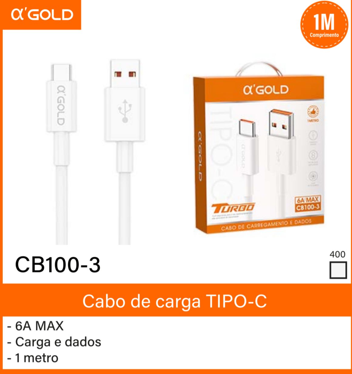 CABO TIPO-C/ USB  6A MAX CB100-03 1M OL GOLD